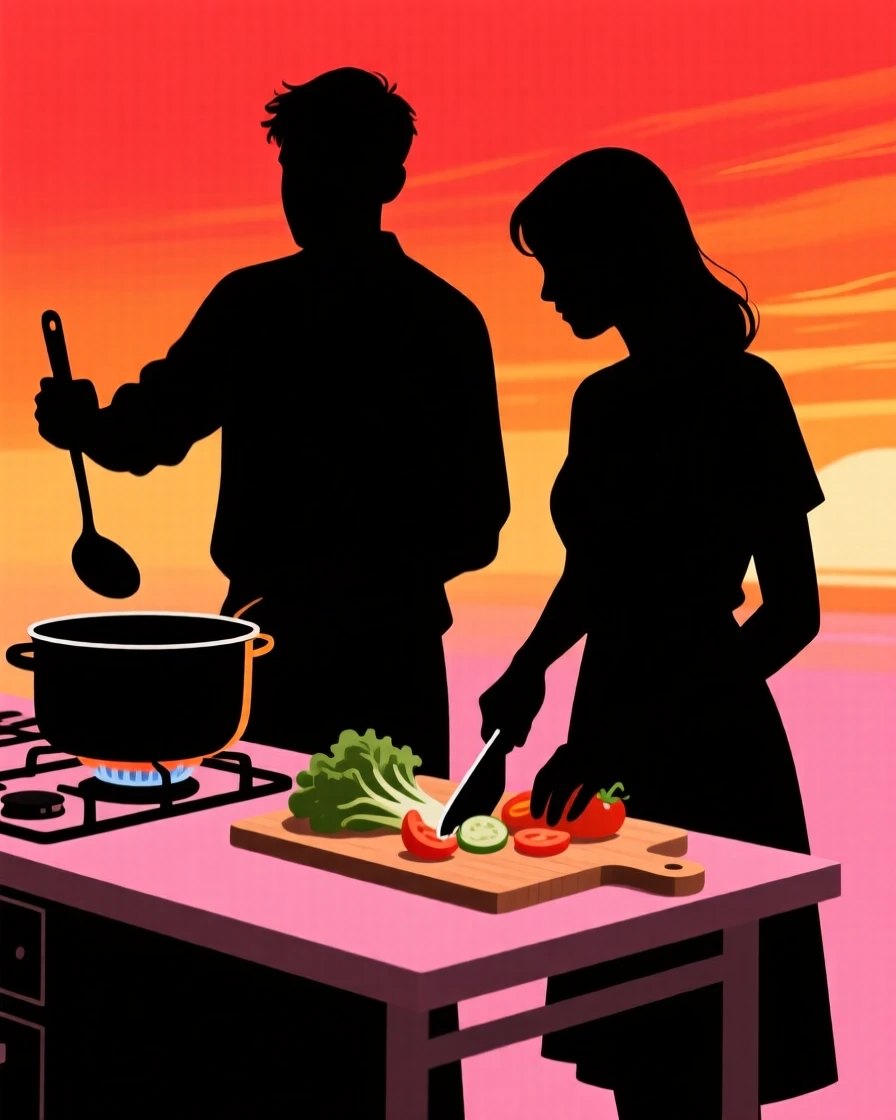 A couple cooking dinner together, one stirring a pot while the other chops vegetables.