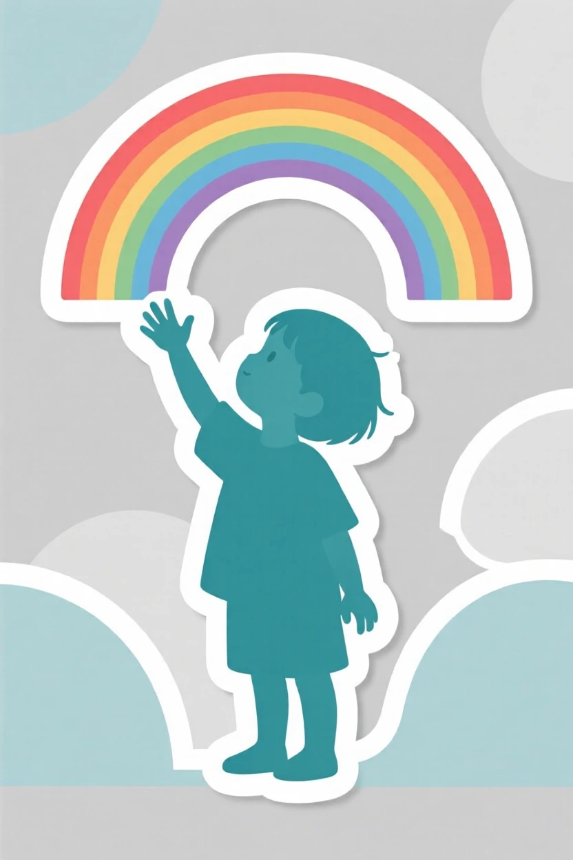 A gently uplifting scene of a child reaching up to touch a rainbow, surrounded by a gentle sense of stillness, capturing a moment of pure hope.