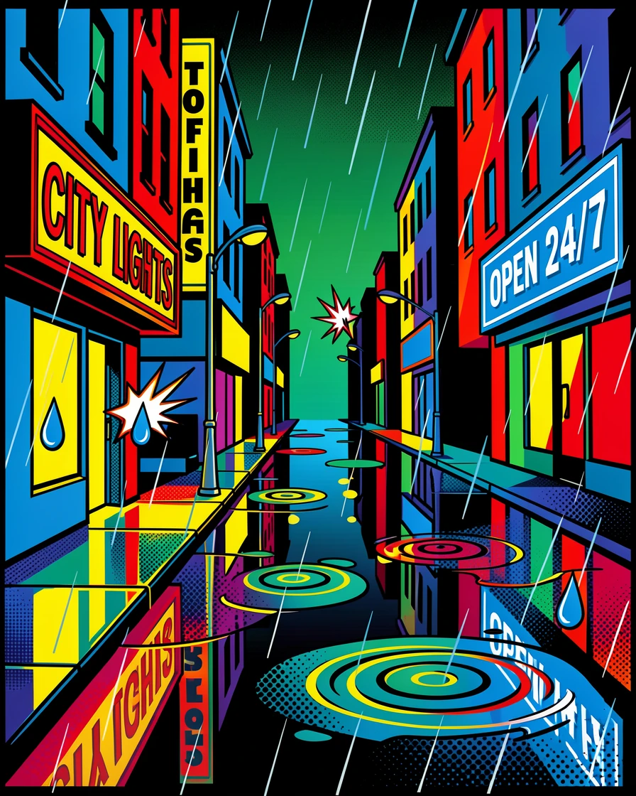 A rain-soaked city street lit with reflected lights