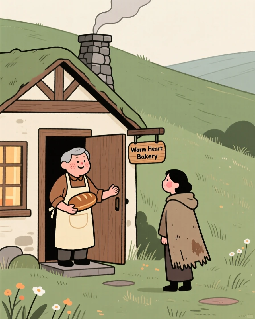 A gentle baker stands at the door of a cottage with a crooked chimney tucked into a hillside meadow, welcoming a weary traveler inside from the cold.