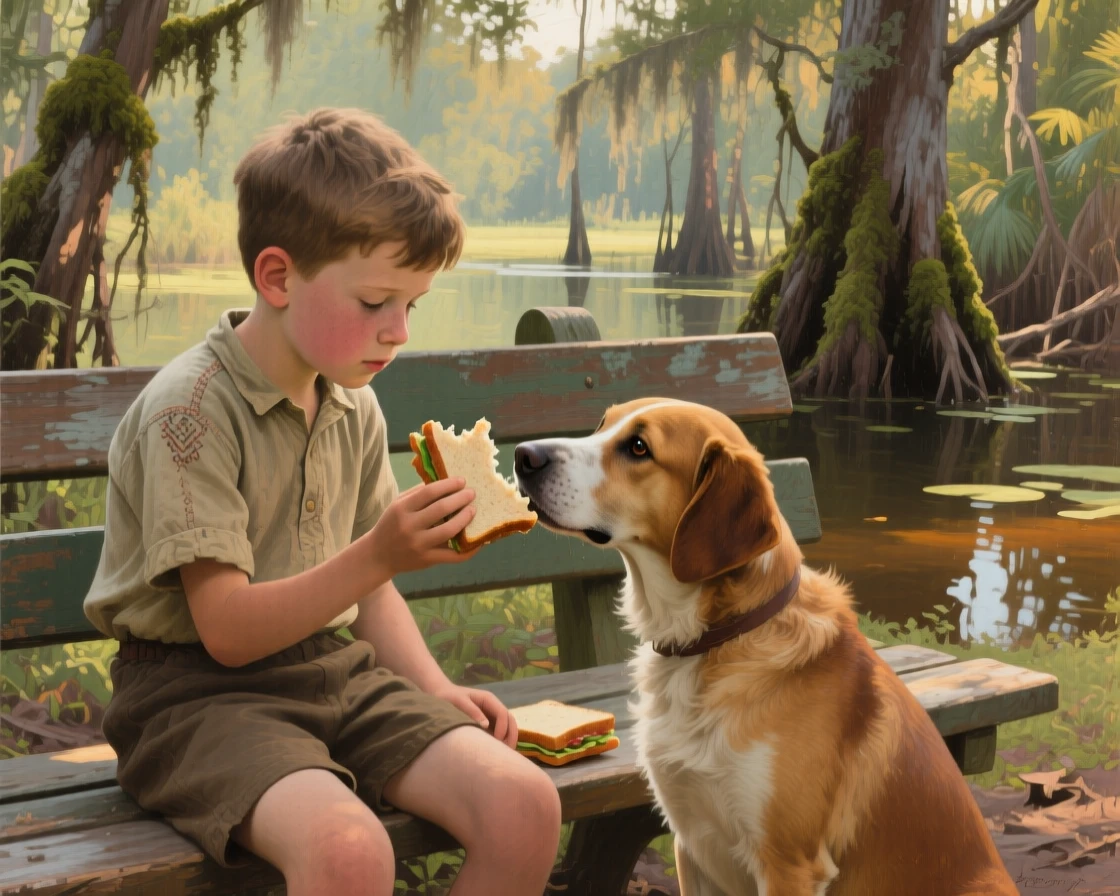 A tightly framed close-up of a young boy sharing his sandwich with a loyal dog on a park bench, in the Louisiana bayou, in the mid-20th century.