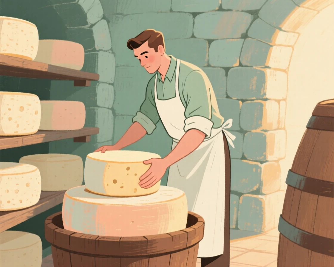 A cheesemaker turning wheels of cheese in a cool stone cellar