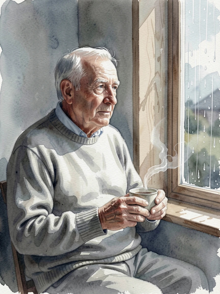 An elderly man sipping tea by a window on a rainy day with soft natural light illuminating the scene.