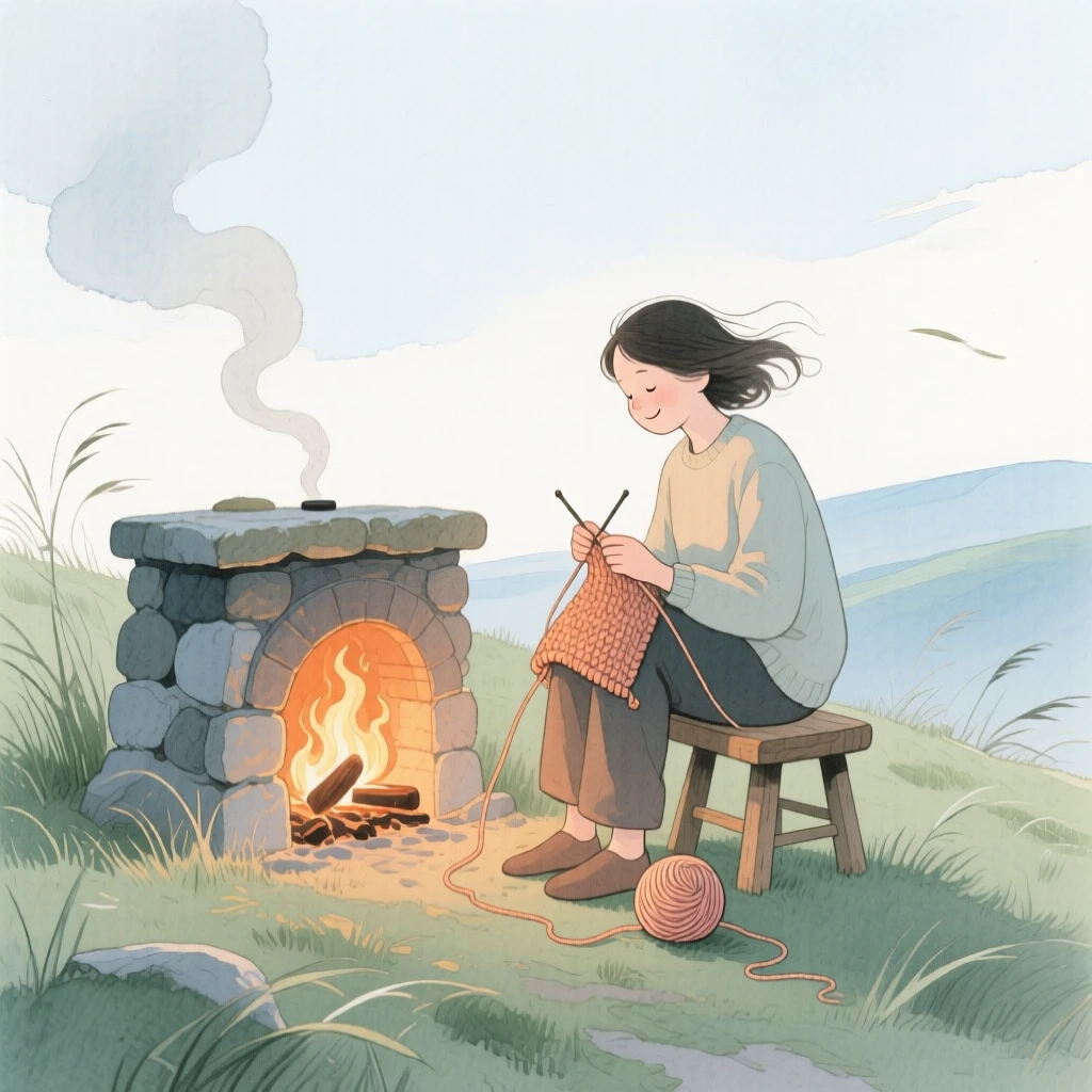 A peaceful scene of someone knitting beside a fireplace on a windswept hilltop, fully absorbed in a quiet, joyful moment