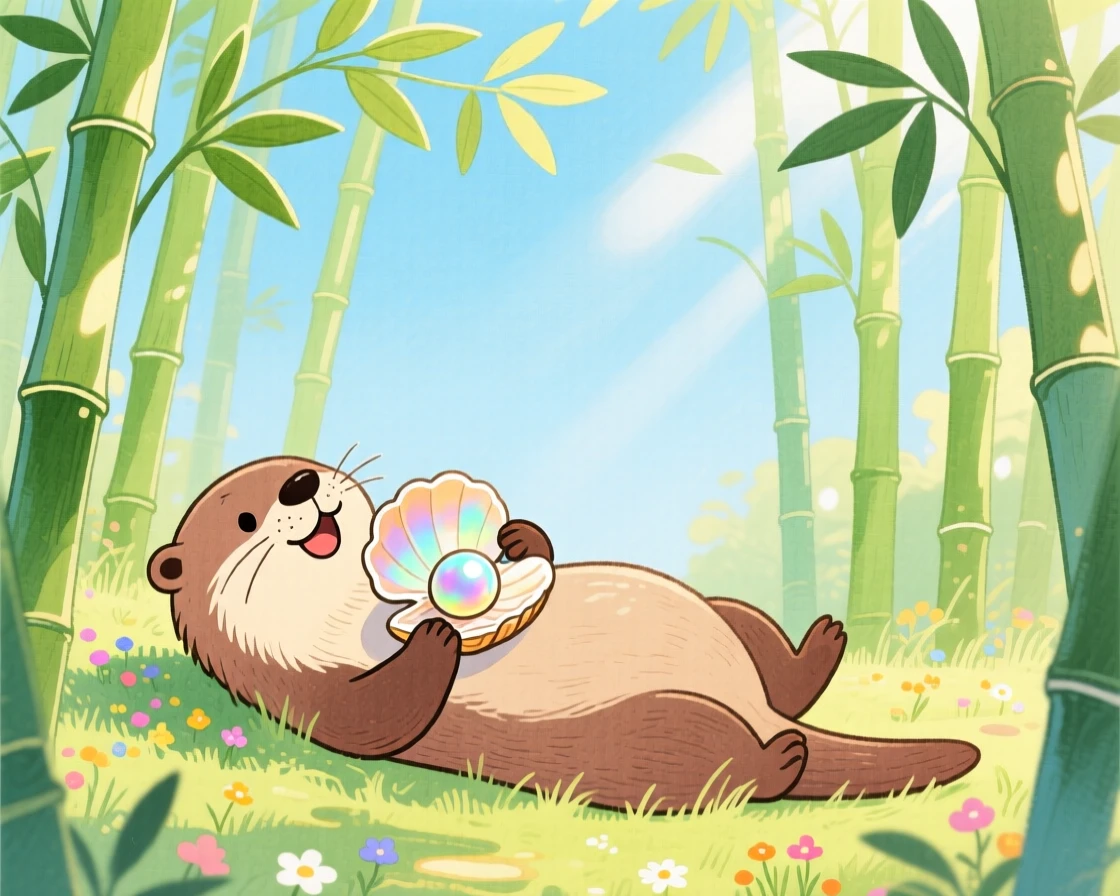 A playful otter cracking a shell on its belly discovering something new in a bamboo grove on a warm summer day.