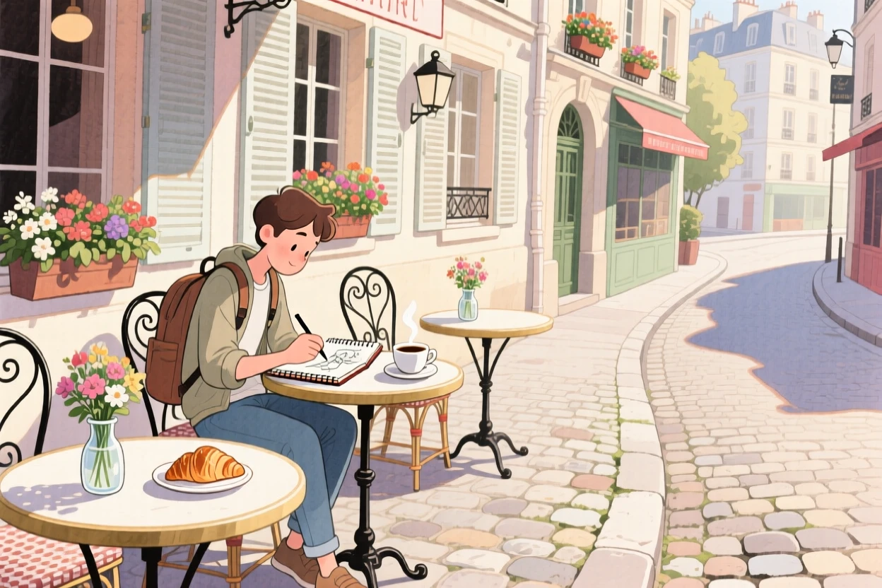 A solo traveler sits sketching in a small notebook amid a charming café terrace on a cobblestone street in Paris, capturing the wonder of discovering a new place.