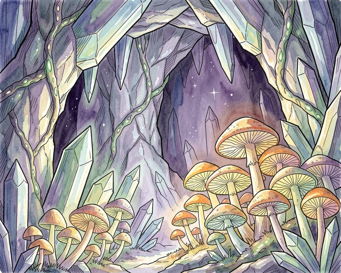 A crystal cavern lit by clusters of luminous mushrooms, the atmosphere charged with quiet, ancient magic.