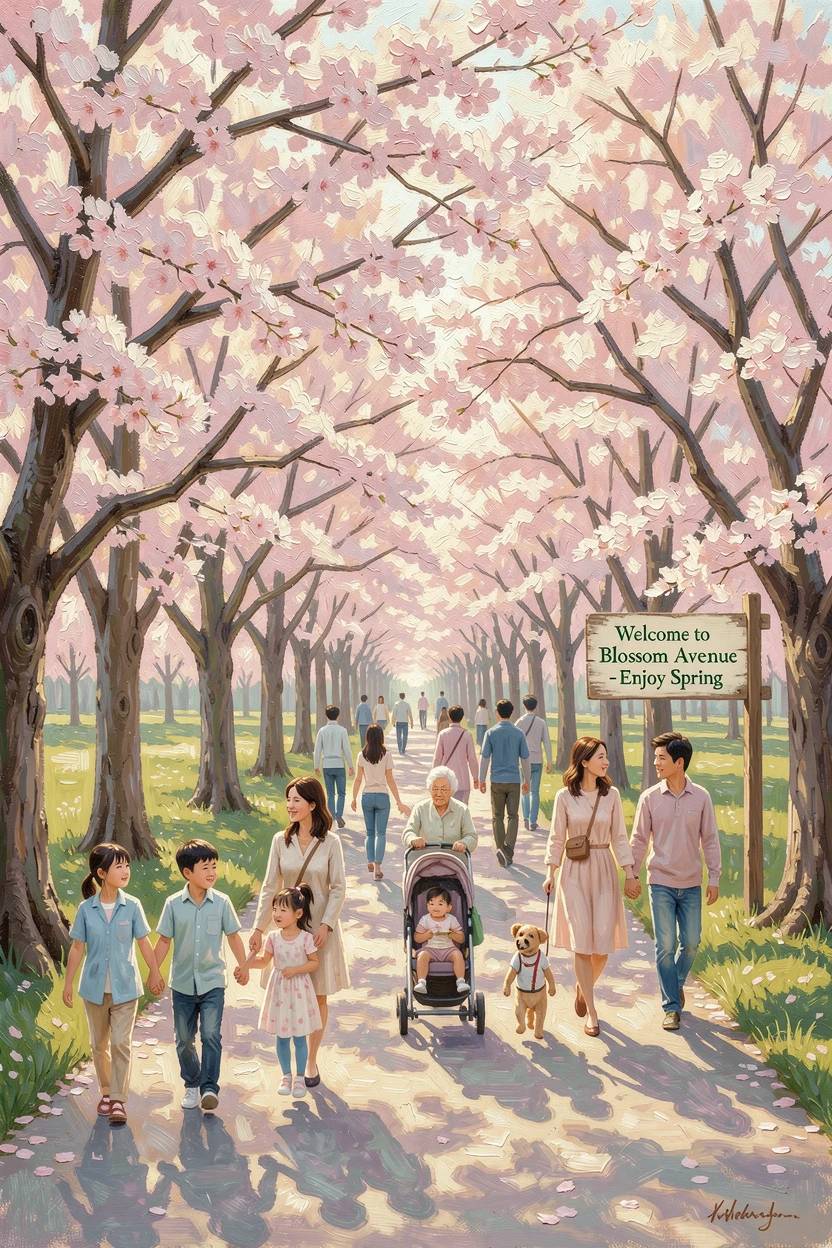 In a park filled with families enjoying the weather, a cherry blossom-lined avenue in full spring bloom, families strolling beneath the blooming branches, just as the first spring blossoms begin to open.