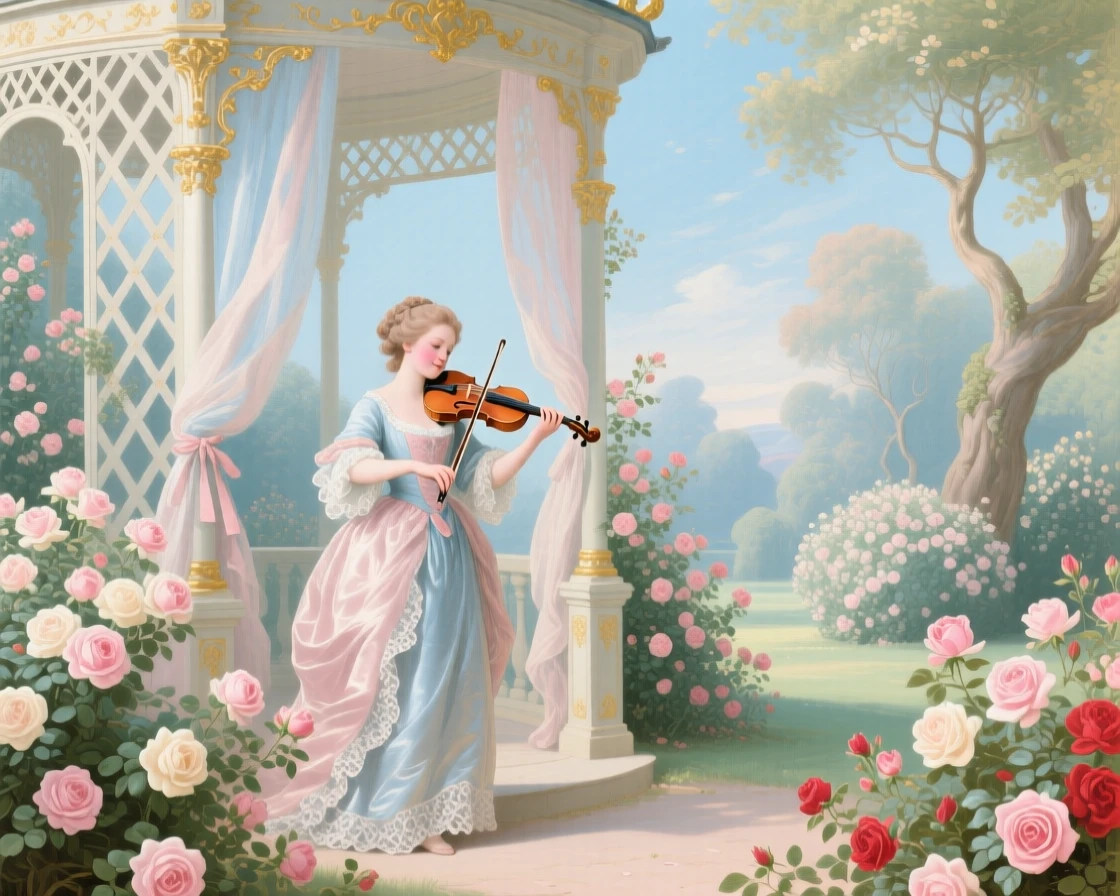 A violinist performing alone in a rose-covered garden pavilion  