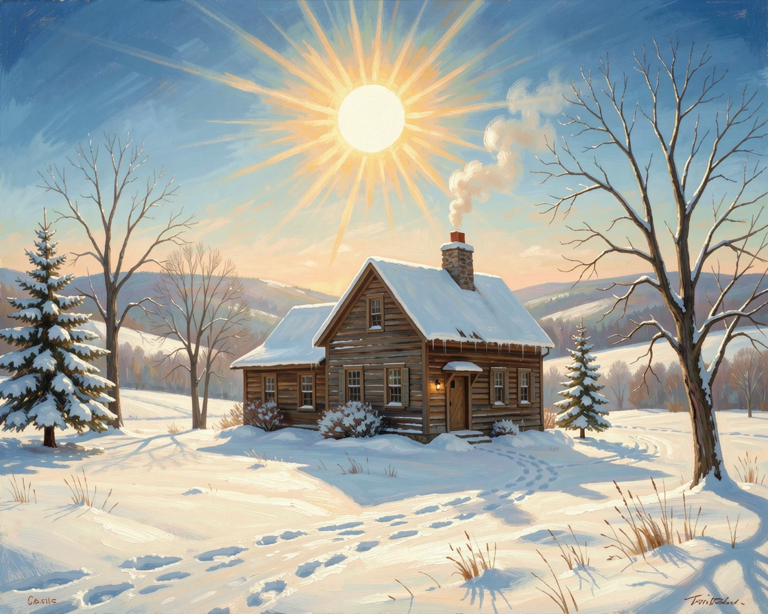 A blanket of fresh snow glow above a quiet farmhouse in deep winter under a blazing summer sun.