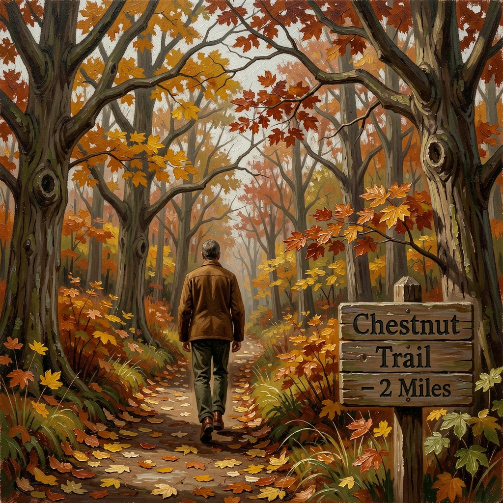 A crisp autumn hike through a forest ablaze with fall color, with rich seasonal colors filling every corner of the composition, evoking cherished holiday memories and nostalgic feeling