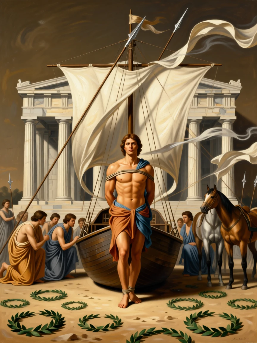Odysseus resisting the call of the sirens while bound to the mast amid swirling banners and rising dust, set against the marble columns of an ancient temple, surrounded by kneeling attendants, war horses, and scattered laurel wreaths; diagonal lines of spears and banners lead the eye to the central figure, evoking awe, destiny, and the weight of history.