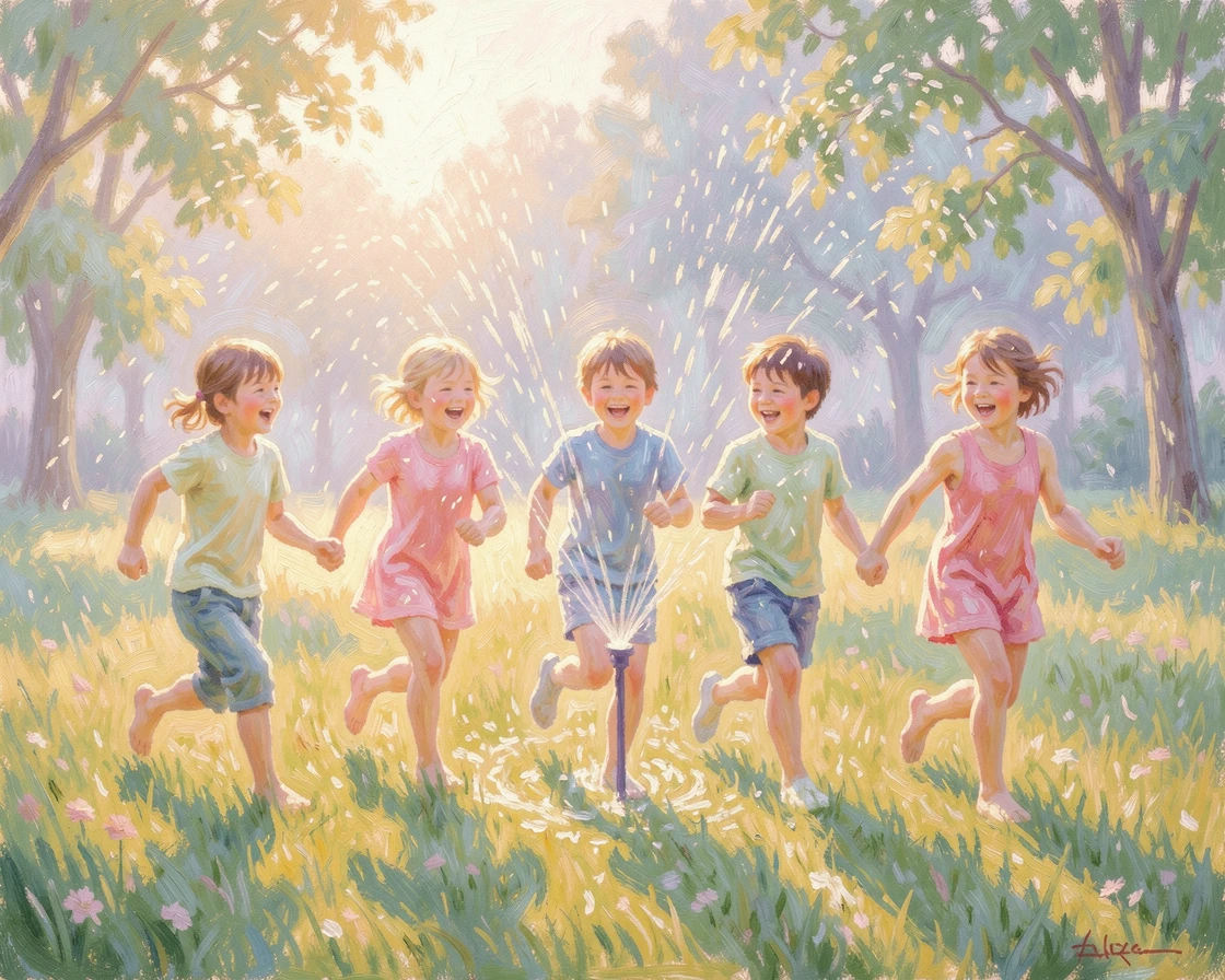 Children running through a sunlit sprinkler on a summer afternoon, laughter echoing across a green lawn, as the first light of dawn breaks, radiating serenity and gentle stillness.