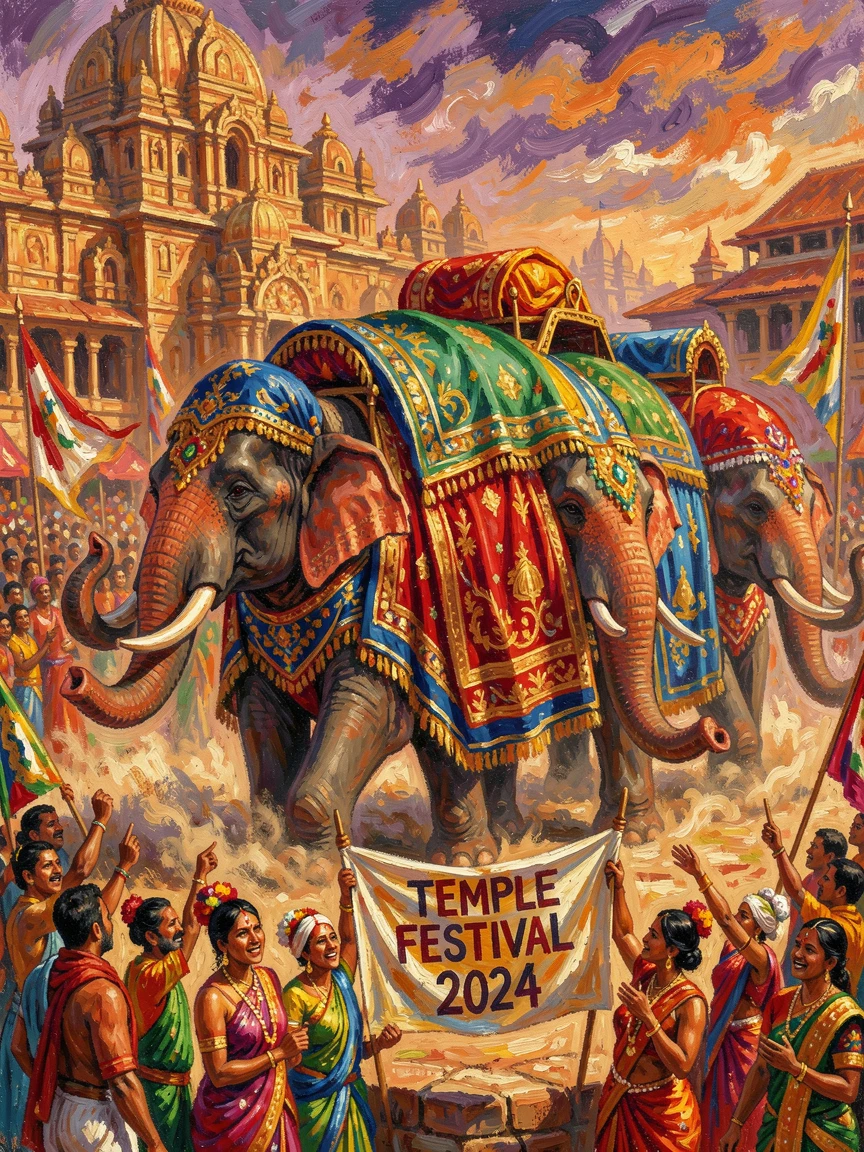 A grand procession of elephants adorned in colorful cloth during a temple festival.