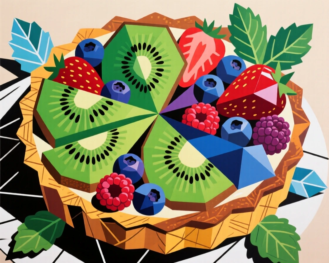 A colorful fruit tart glazed and arranged with kiwi, berries, and mint.