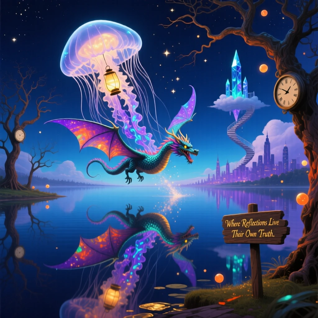 A jellyfish drifting through the night sky like a slow lantern wanders along the edge of a mirror-smooth lake, while its reflection shows a completely different creature.