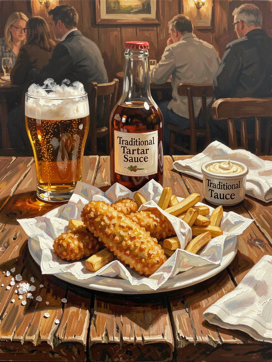 A rustic English pub table displays a golden fish and chips platter wrapped in paper, malt vinegar glistening under warm pub lighting, the surrounding table setting adding context and warmth to the overall presentation.