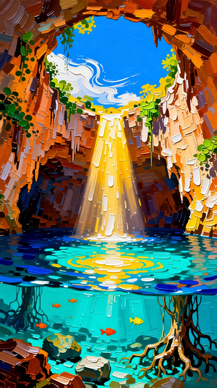 A dramatic sinkhole cenote in Mexico with sunlight piercing turquoise water below