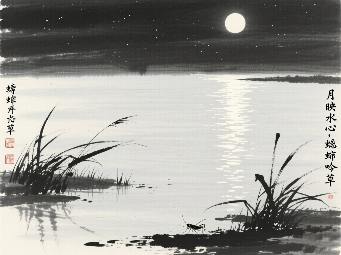 Moonlight glimmers softly across the surface of a still lake, as crickets sing softly from the surrounding grass.
