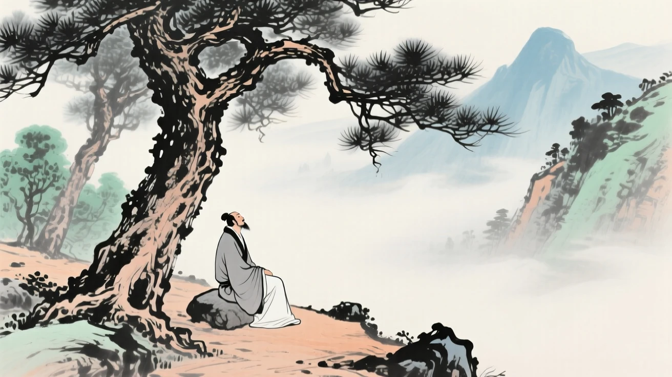 A traveler resting beneath a pine tree along a mountain trail, through swirling morning fog.