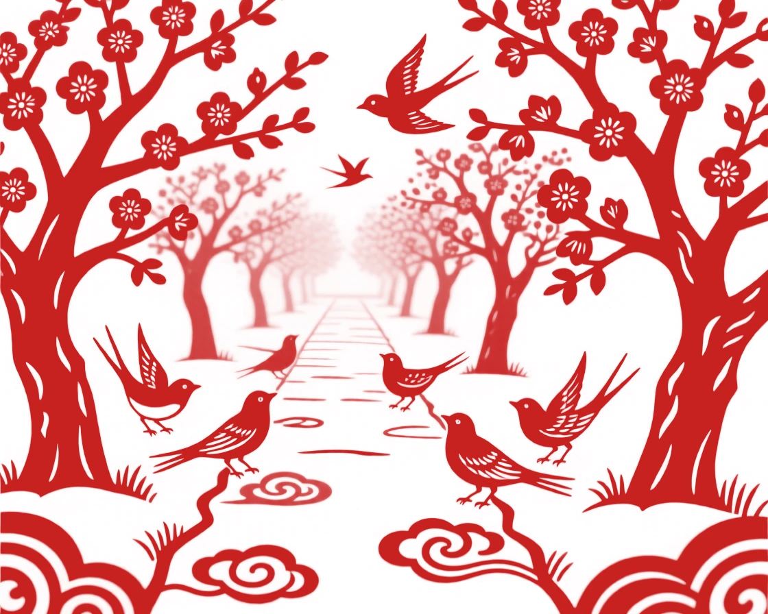 A Spring scene of a garden path lined with blossoming trees, birds gathering before their seasonal journey.