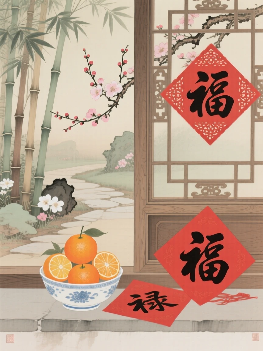A bowl of oranges stacked beside red paper decorations on a windowsill overlooking a garden