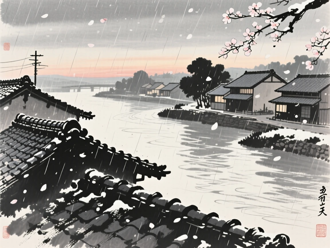 A summer rain shower over a quiet village rooftop beside a slow-moving river at dusk, framed through drifting petals or falling snow for depth, capturing the quiet magic of a changing season.
