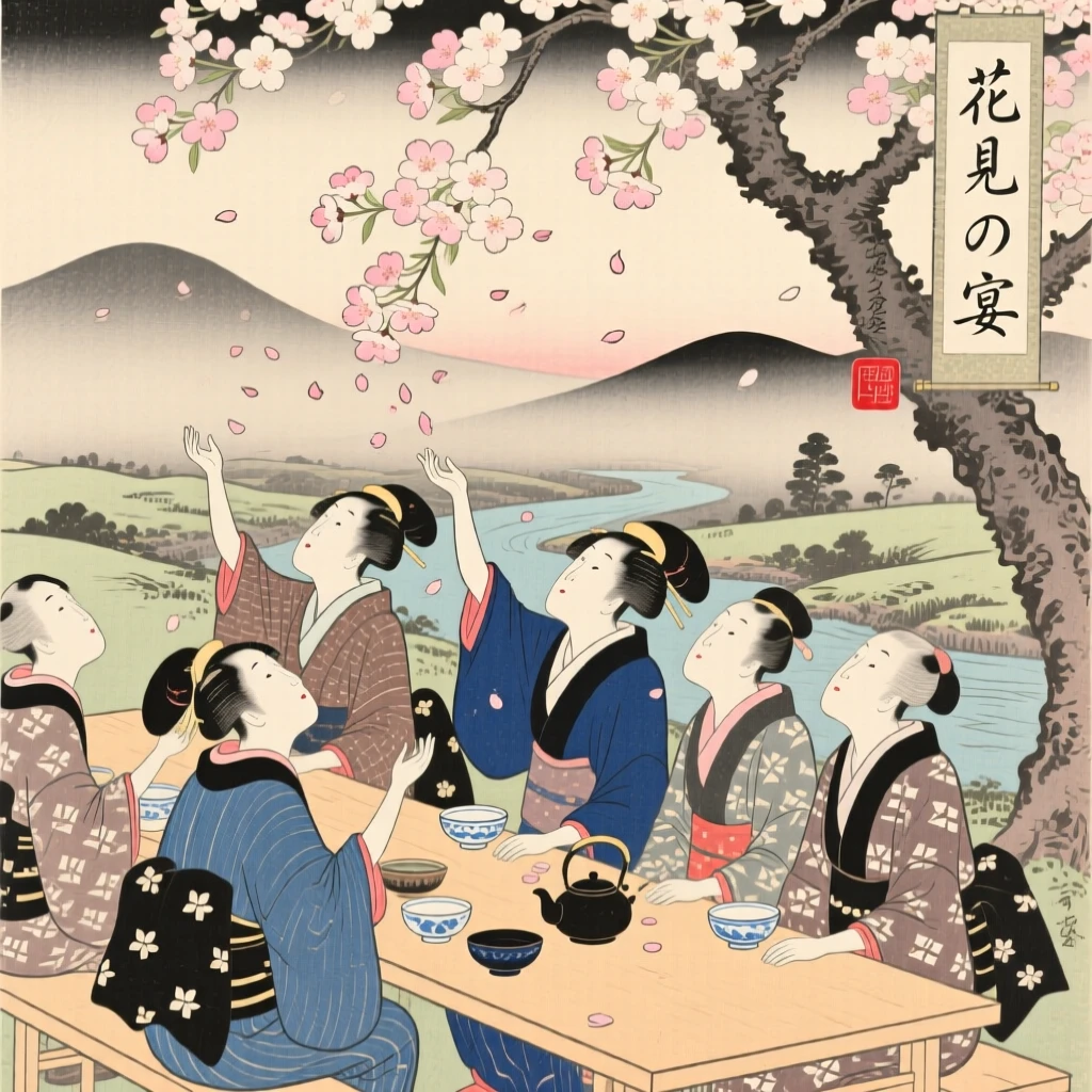 Neighbors at a long table reaching up to catch falling cherry blossom petals.