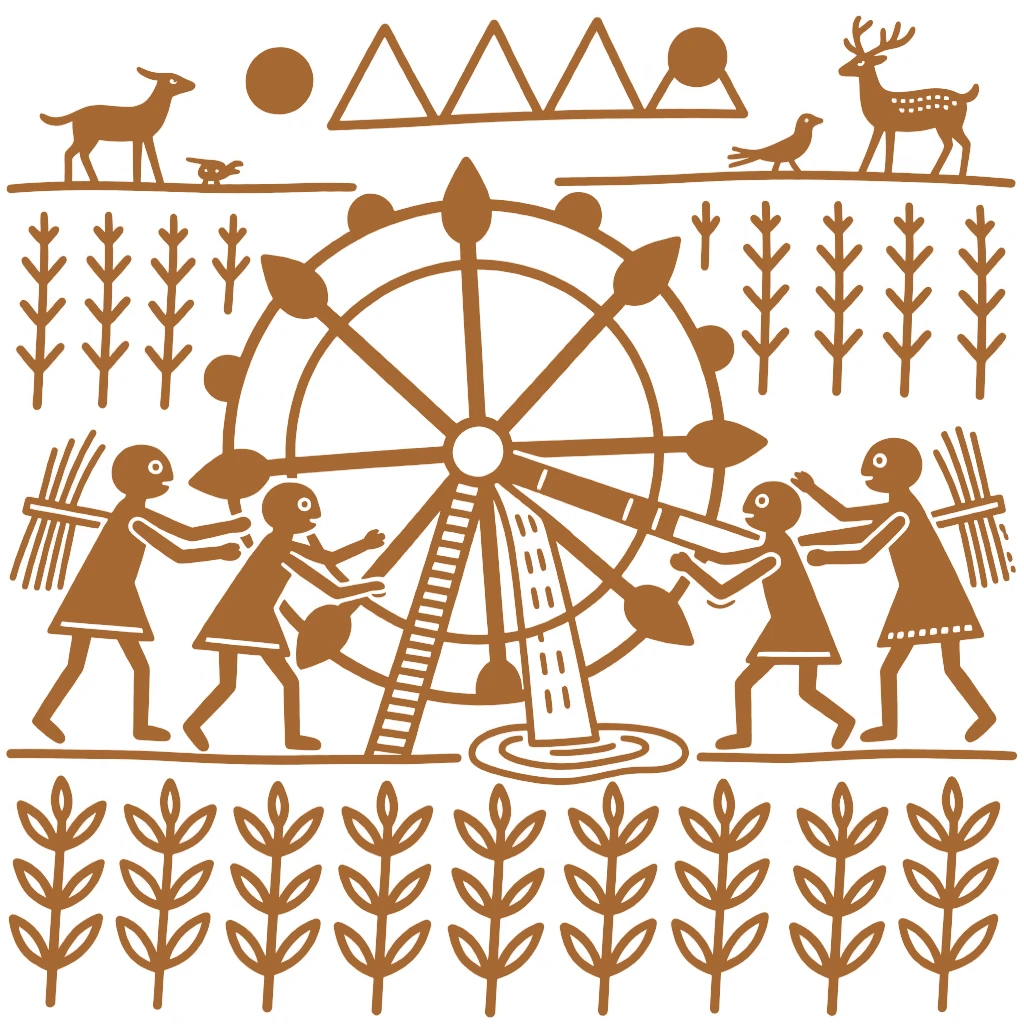 A group of harvesters irrigating a field using a hand-drawn water wheel.