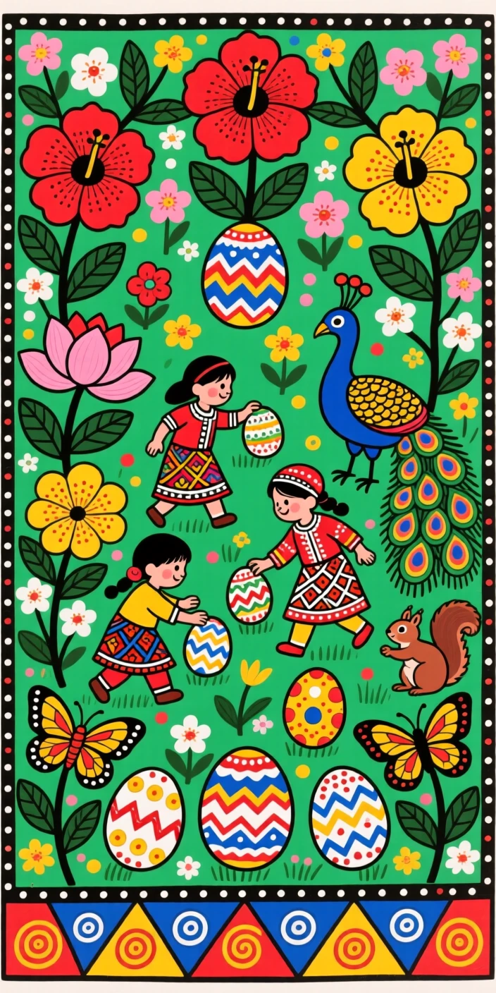A springtime egg hunt through a garden bursting with blossoms.