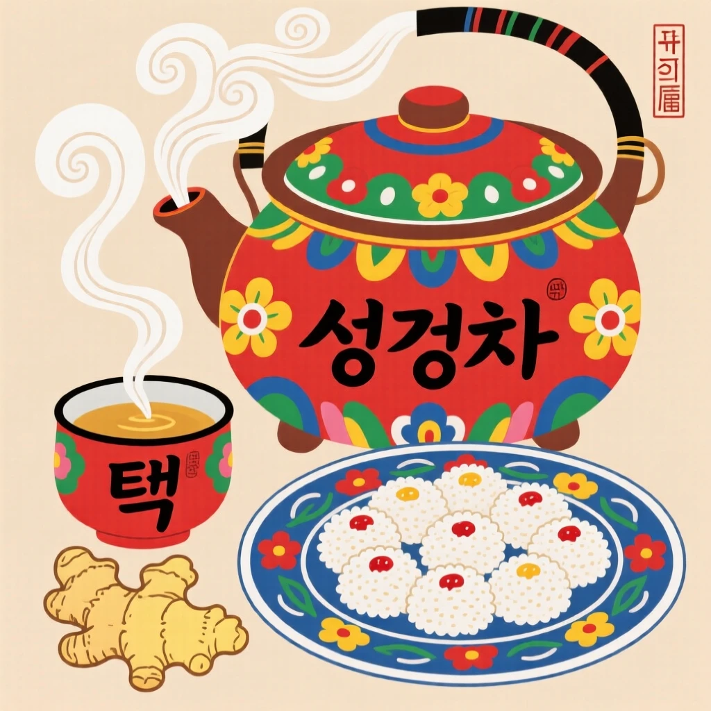 A pot of ginger tea steaming beside a plate of rice cakes.