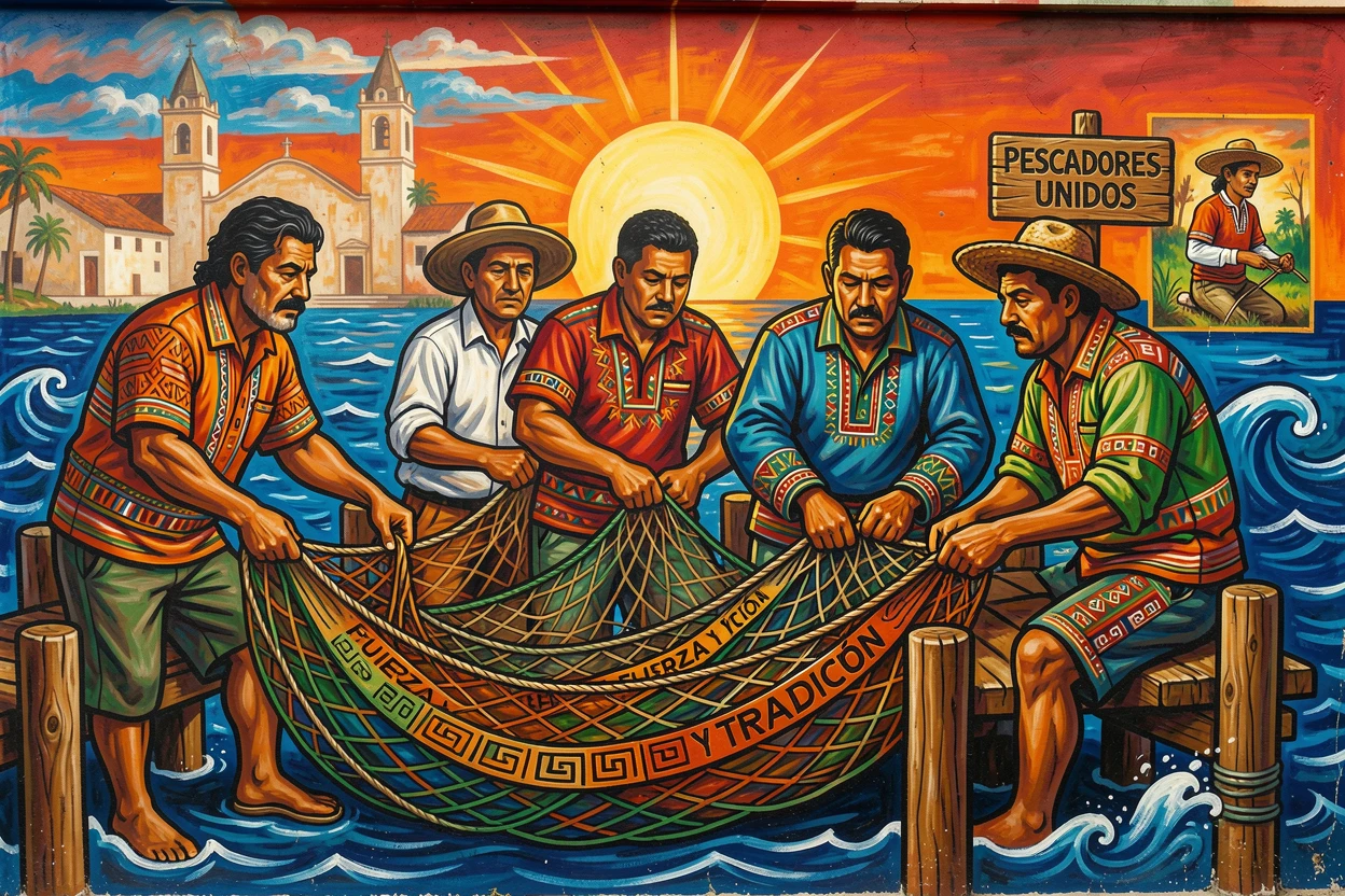 A group of fishermen mending nets on a quiet dock