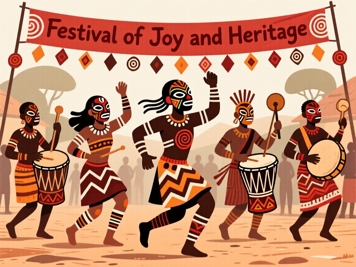 A festival dance troupe leading a joyful procession through the village.