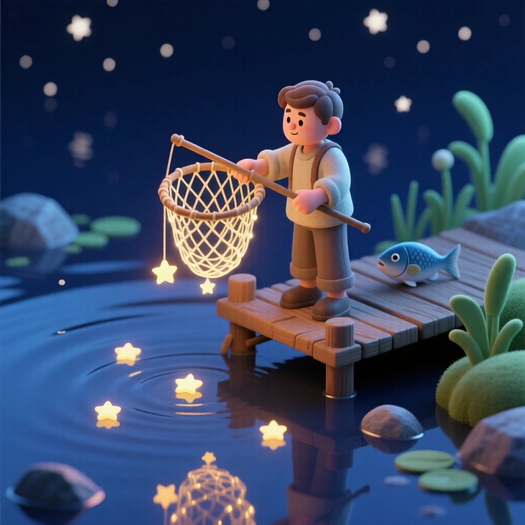 A star-catcher fisherman using a net of woven light to gather fallen stars from a midnight lake.