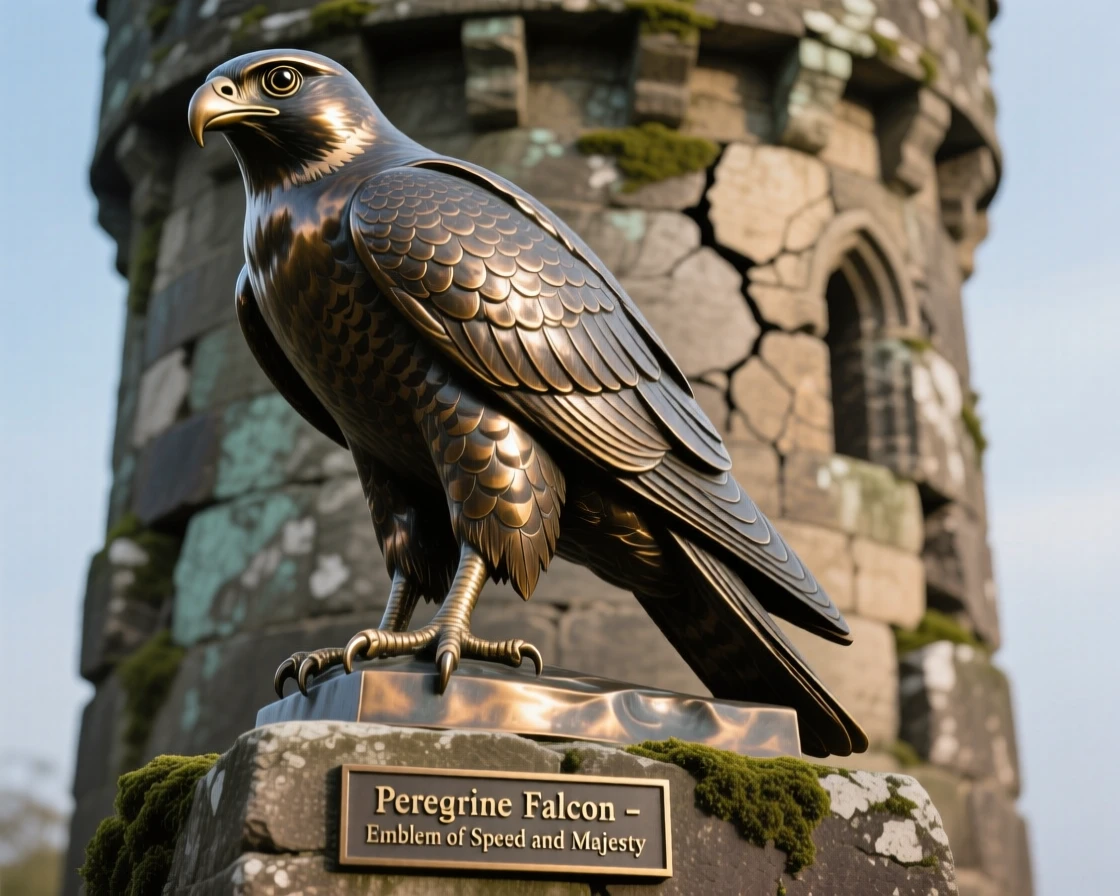 A peregrine falcon perched on an ancient tower, with fine, lifelike detail in fur and feather, evoking wonder and majesty