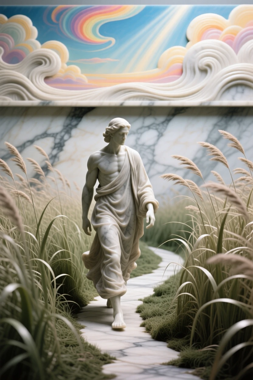 An evocative depiction of a lone wanderer walking a path through tall grass, under a brilliant, colorful sky, balancing detail with emotional depth