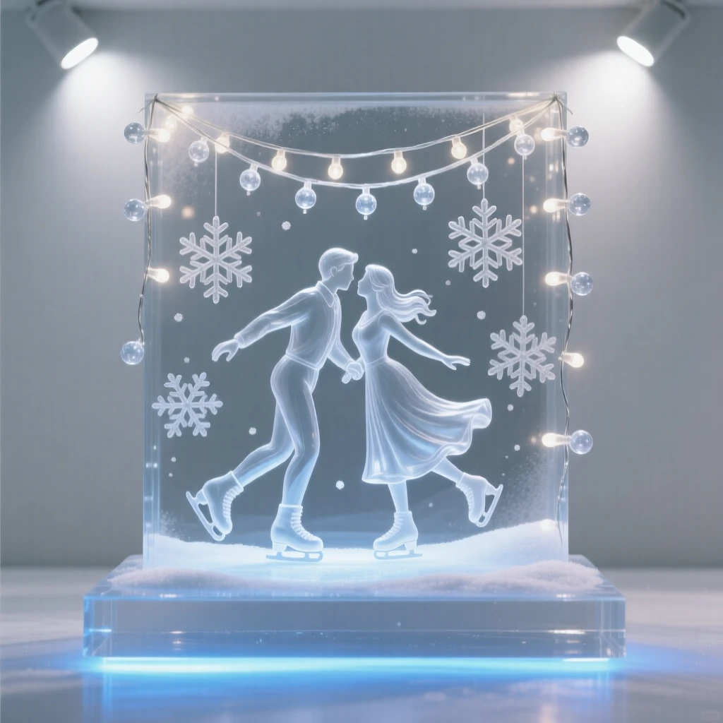 Beneath strings of twinkling holiday lights, a couple ice skating together beneath falling snow, while snowflakes drift slowly past the window