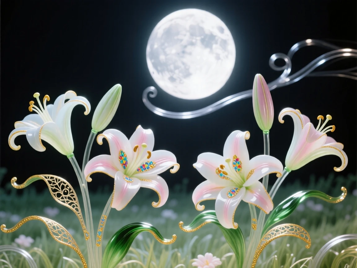 A field of blooming lilies glowing softly beneath a full moon, serene and pure.