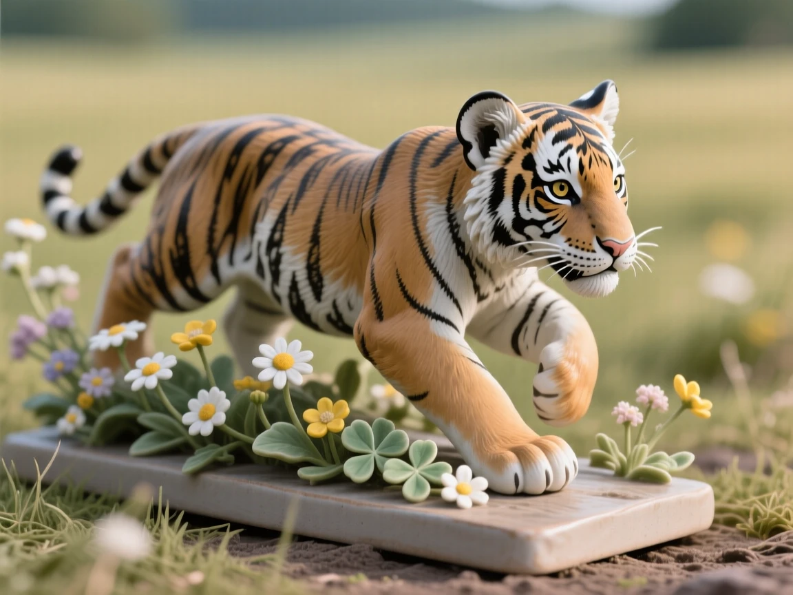 A tiger cub pouncing captured mid-stride across an open field, surrounded by wildflowers in soft bloom, conveying calm strength and quiet pride.