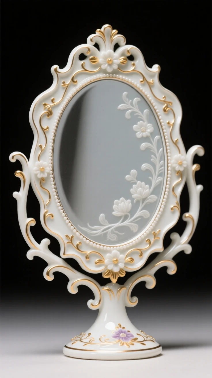 An elegant ornate hand mirror with a gilded frame, catching glints of light from every angle.