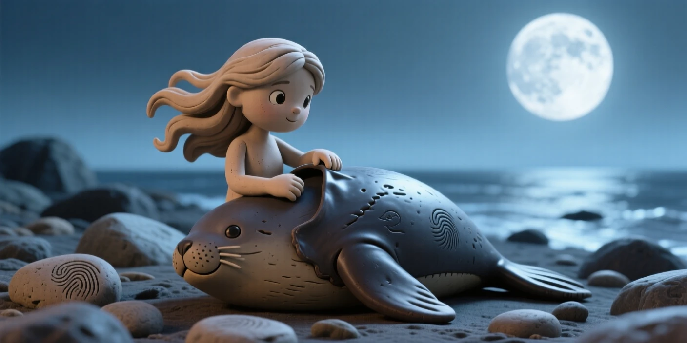 A selkie shedding her seal skin on a moonlit rocky shore