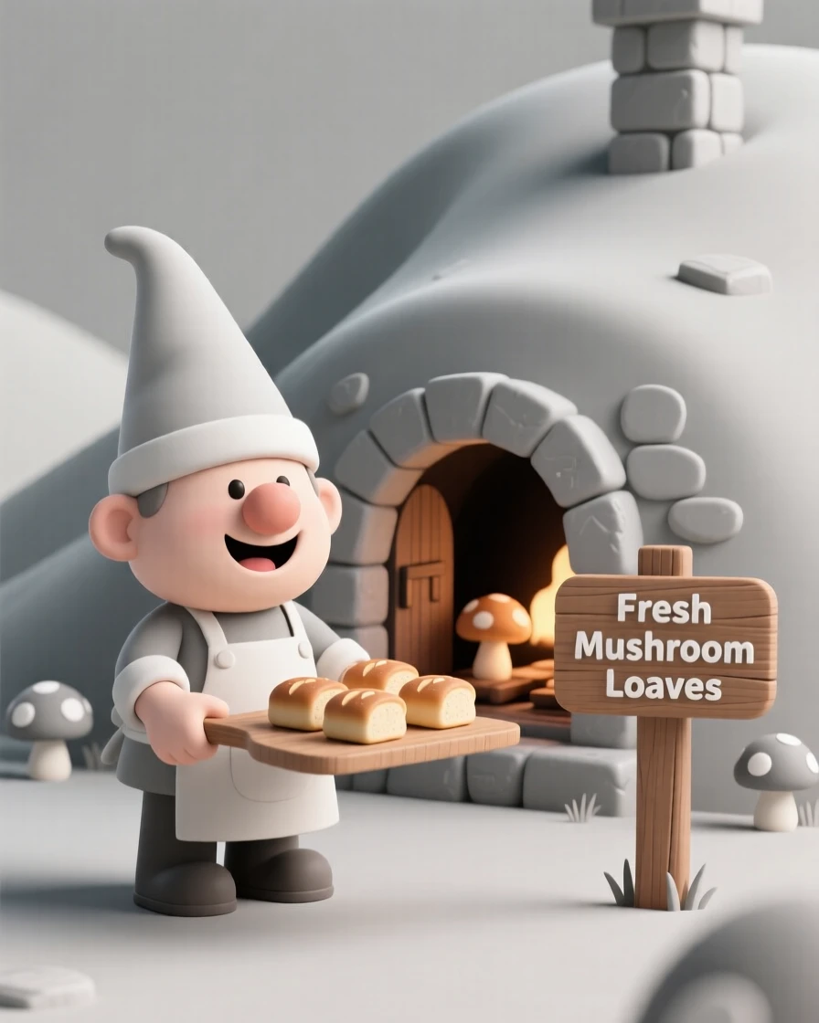 A cheerful gnome baker pulls tiny mushroom-shaped loaves from a stone oven built into a hillside.