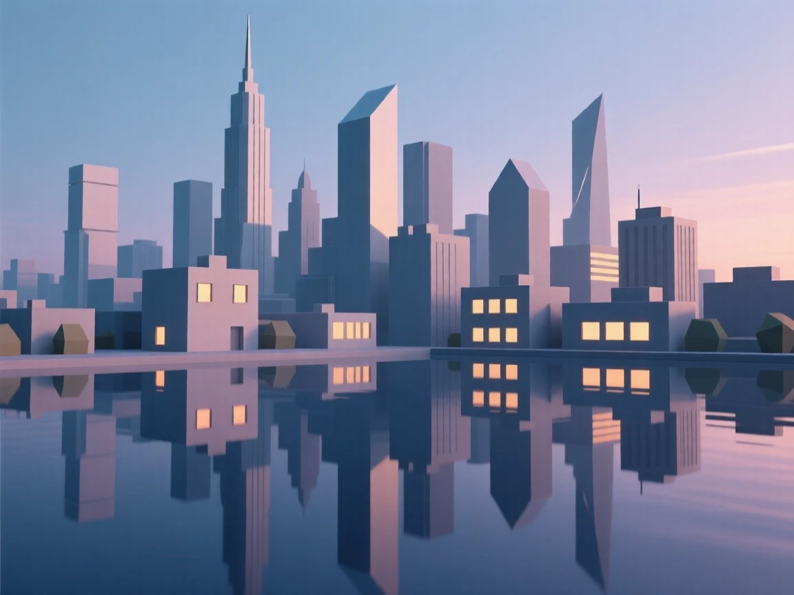 A futuristic skyline glowing at twilight, reflected perfectly in calm water. warm window lights add a cozy glow to the scene. The mood feels romantic and picturesque.