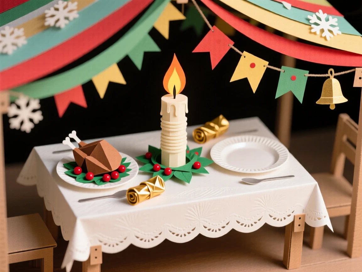 A romantic candlelit holiday dinner set beneath a canopy of colorful decorations, with the scent of seasonal treats filling the air, evoking nostalgic seasonal magic.