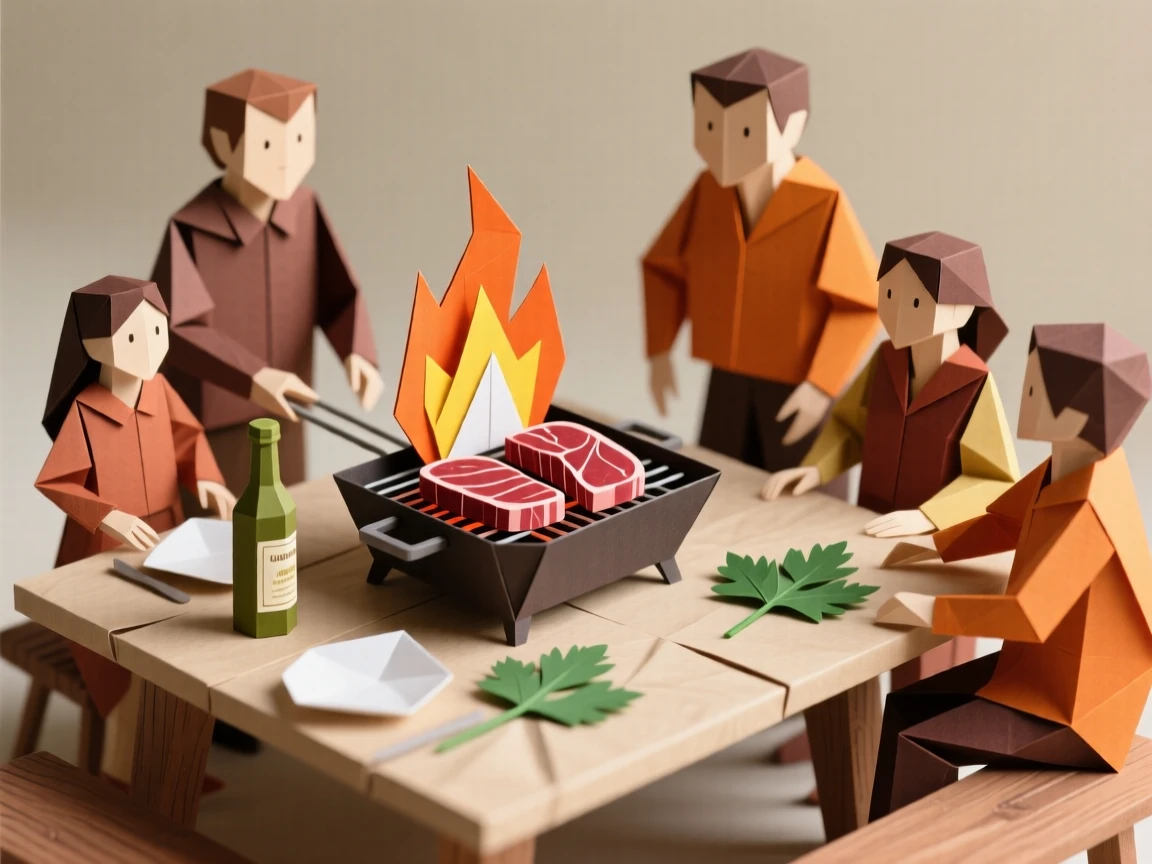 A Argentinian asado family gathering scene with meat grilling over an open flame.