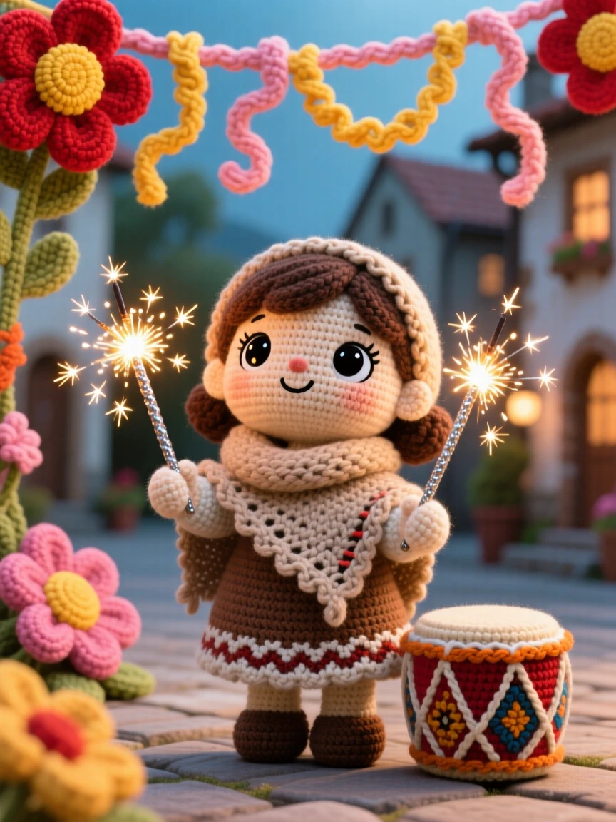 a little girl holding sparklers during a festival of lights, wrapped in a warm shawl, watching the glow reflect in her eyes, at a village square decorated with flowers and ribbons, with a small drum resting nearby, radiating warm cultural pride and festive belonging.