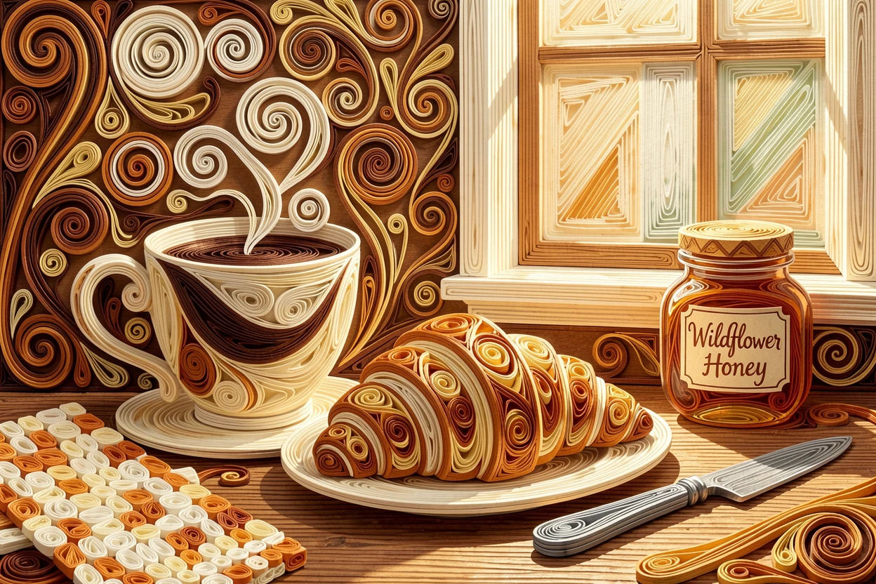 A cozy still life of a steaming cup of coffee beside a flaky croissant beside a sunlit kitchen window, in warm, appetizing tones of amber and cream, arranged with complementary props scattered around.