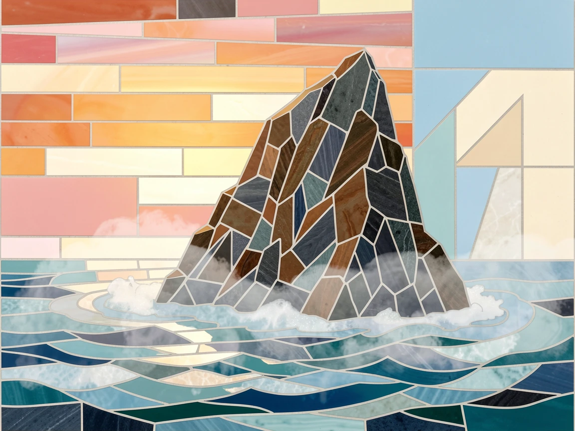 A dramatic sea stack rising from misty ocean waters at sunrise.