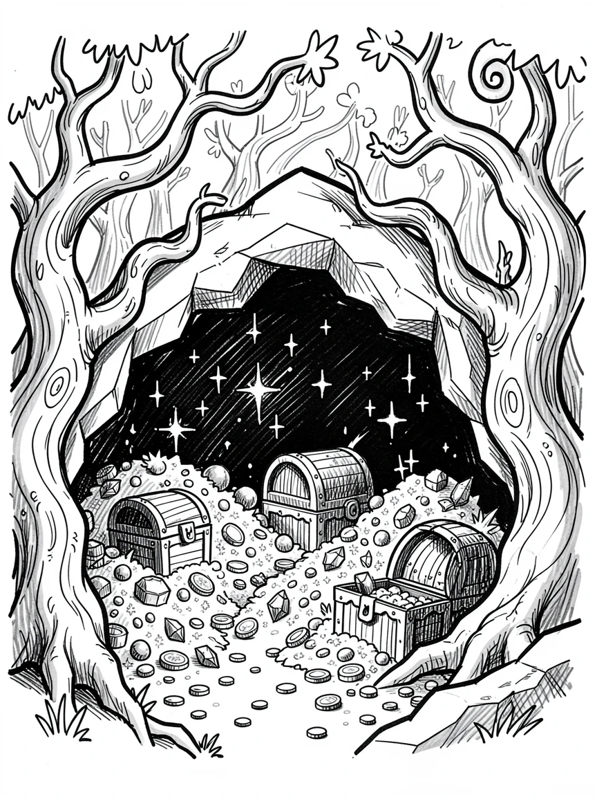 A hidden cave filled with glittering treasure at the edge of an enchanted forest.