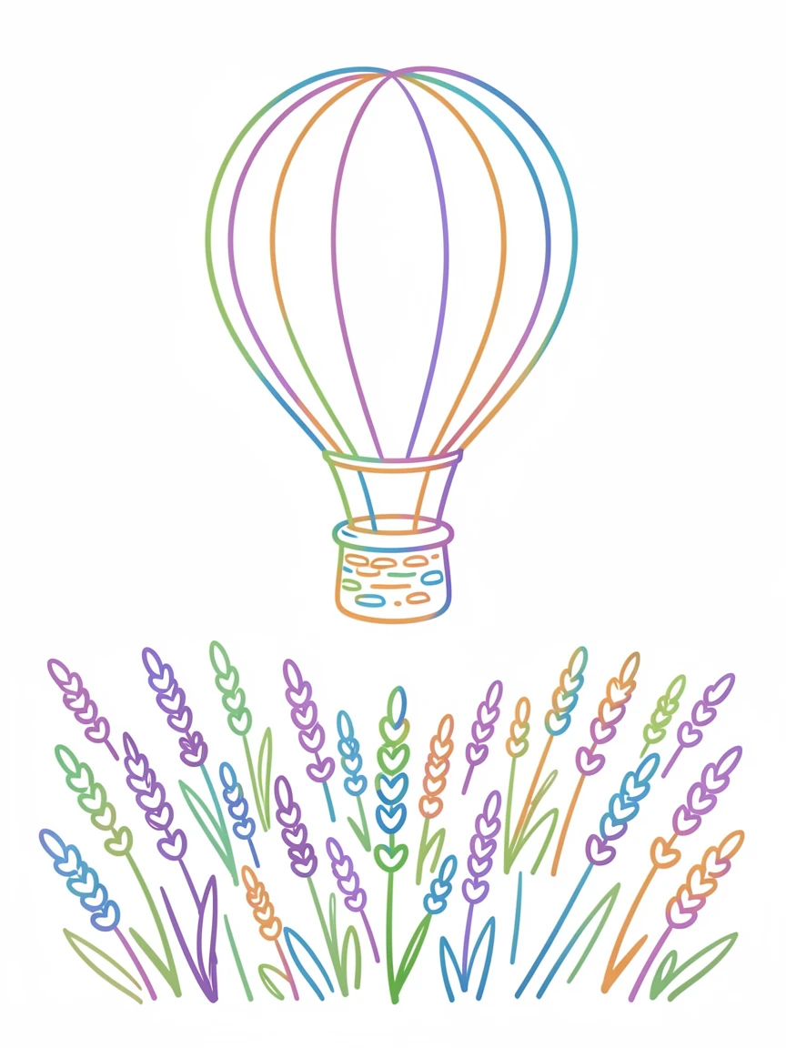 A single hot air balloon floating gently above a lavender field.